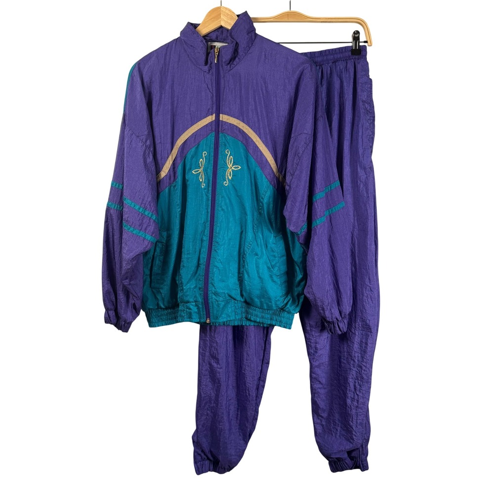 Bold Spirit Vintage 90s Colorblock Tracksuit Purple Teal Gold Nylon Womens M